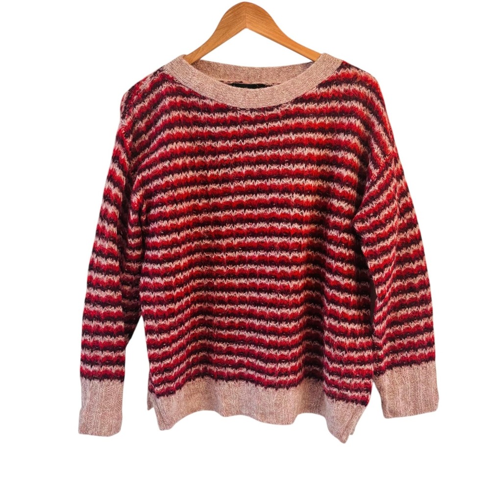 Theory Womens Fuzzy Knit Striped Sweater Size L Red Pink Alpaca Soft Oversized